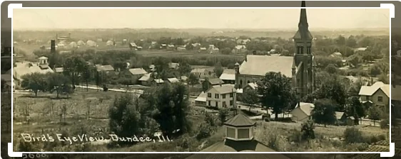 Bird's Eye View, Dundee, Illinois — elevated panorama with church spire and rooftops