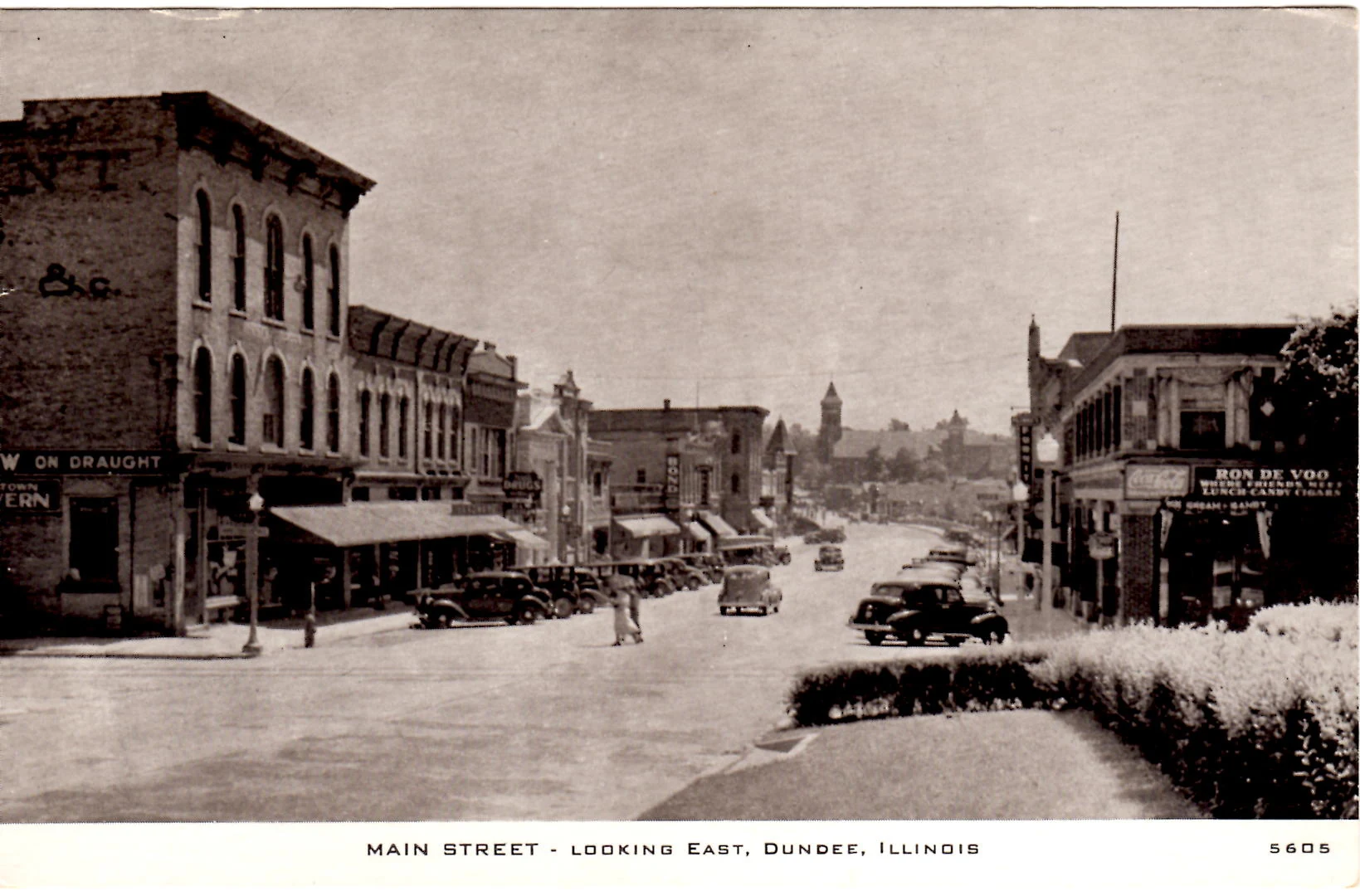 Main Street looking east, Dundee, Illinois — Town Tavern, Ron De Voo lunch counter, 1940s automobiles