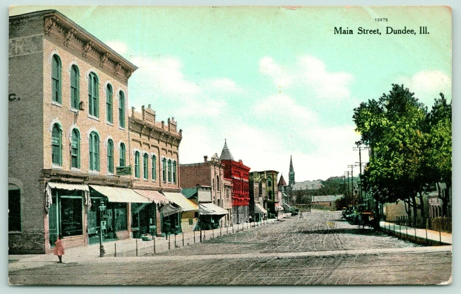 Main Street, Dundee, Ill. — colorized postcard, storefronts including "Billards" sign