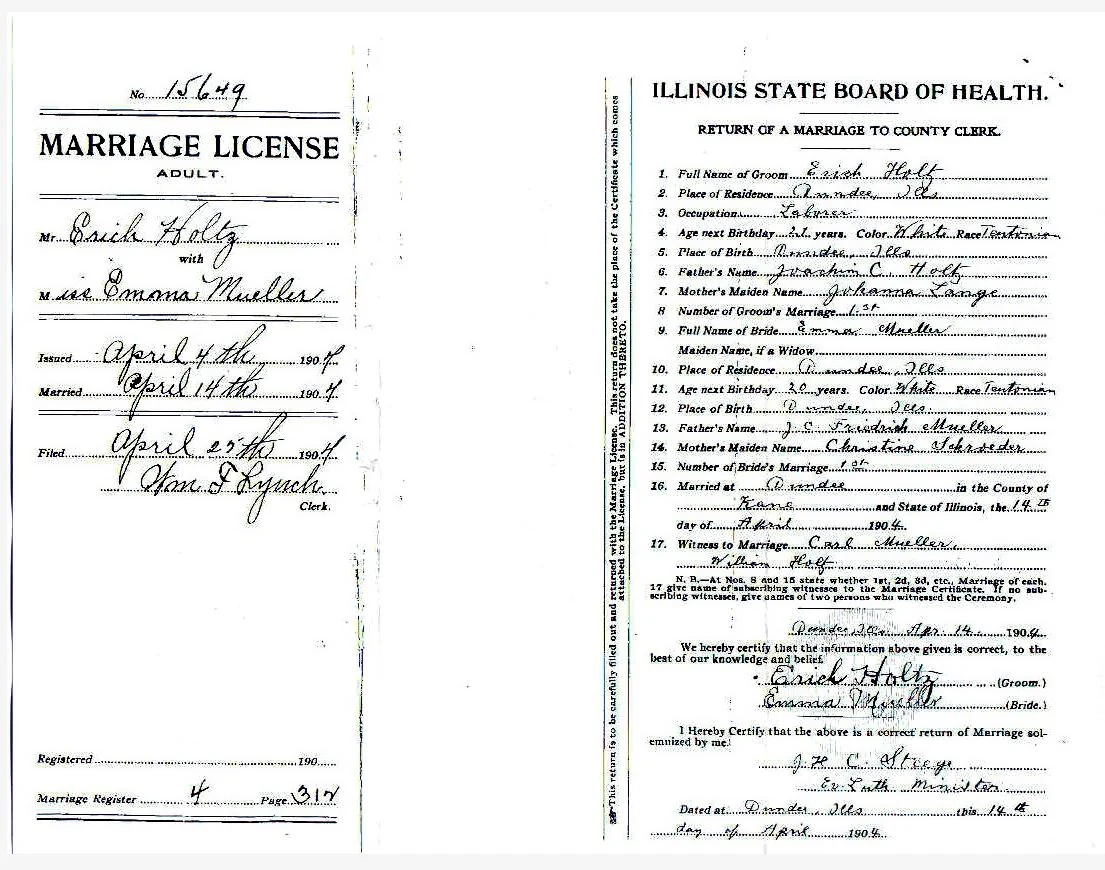 1904 marriage license and Illinois State Board of Health marriage return, Erich Holtz and Emma Mueller, Dundee, Illinois