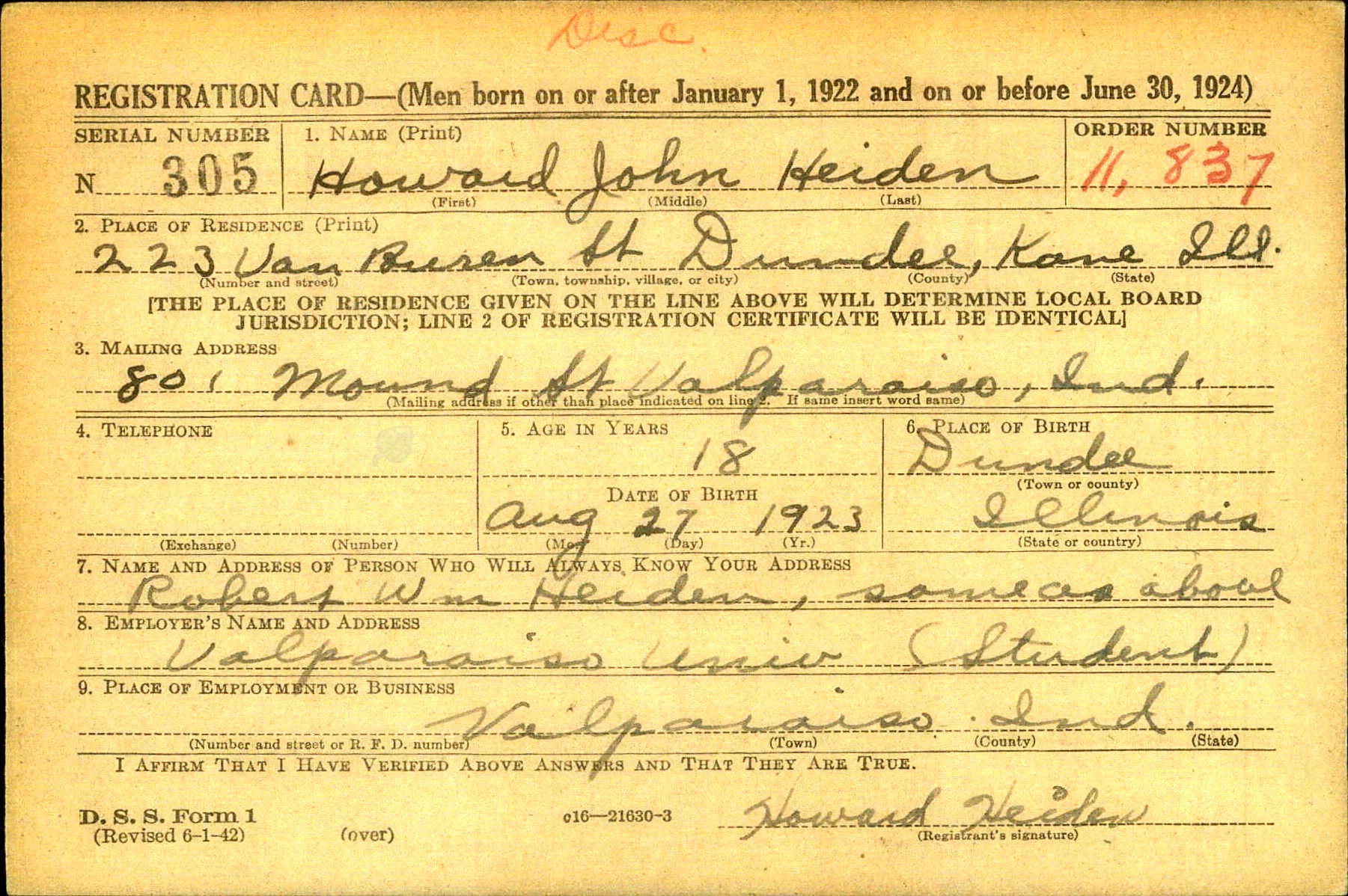 Howard Heiden draft registration card, 223 S. Van Buren Street, East Dundee