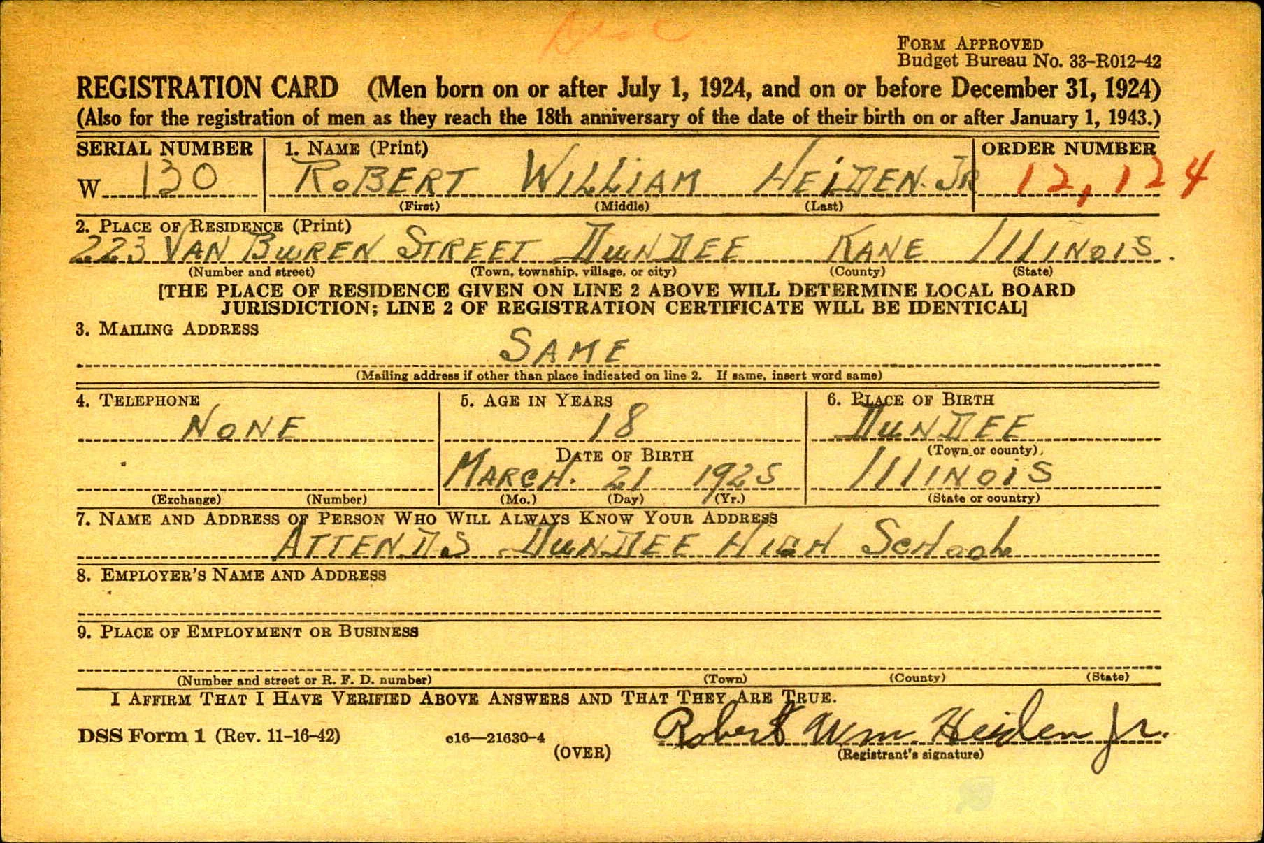 Robert Heiden draft registration card, 223 Van Buren, East Dundee