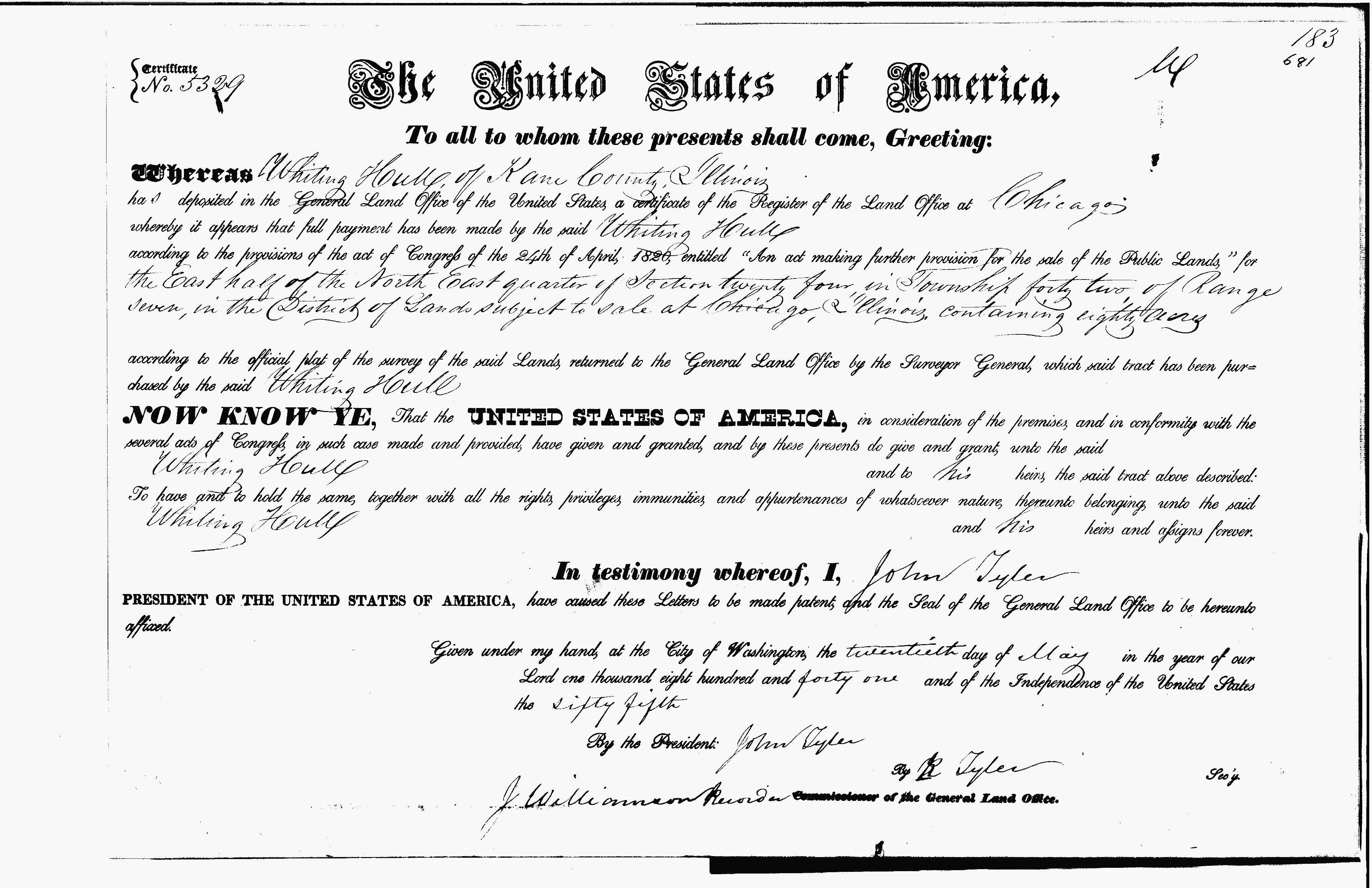 1841 U.S. federal land patent, Whiting Hull, Kane County, Illinois, signed by President John Tyler