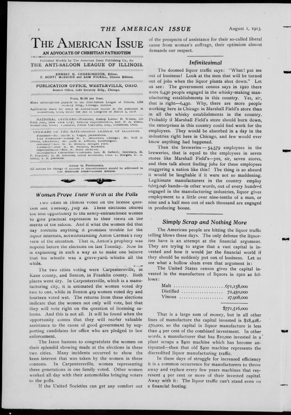 Scanned newspaper page from Image 4 of The American issue (Westerville, Ohio), August 1, 1913, 1913-08-01 (Library of Congress, Chronicling America)