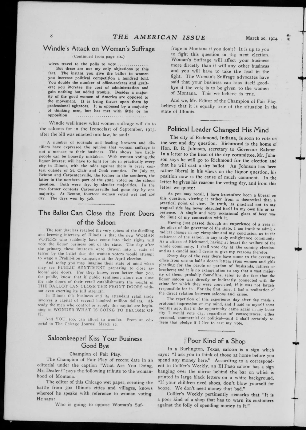 Scanned newspaper page from Image 8 of The American issue (Westerville, Ohio), March 20, 1914, 1914-03-20 (Library of Congress, Chronicling America)