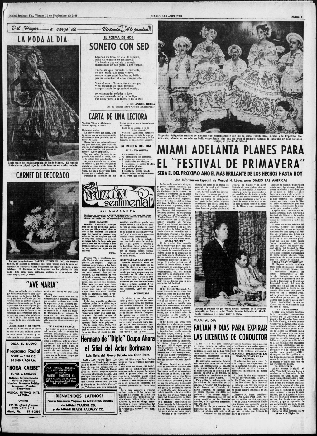 Scanned newspaper page from Image 5 of Diario las Américas (Miami, Fla.;Miami Springs, Fla.), September 21, 1956, 1956-09-21 (Library of Congress, Chronicling America)