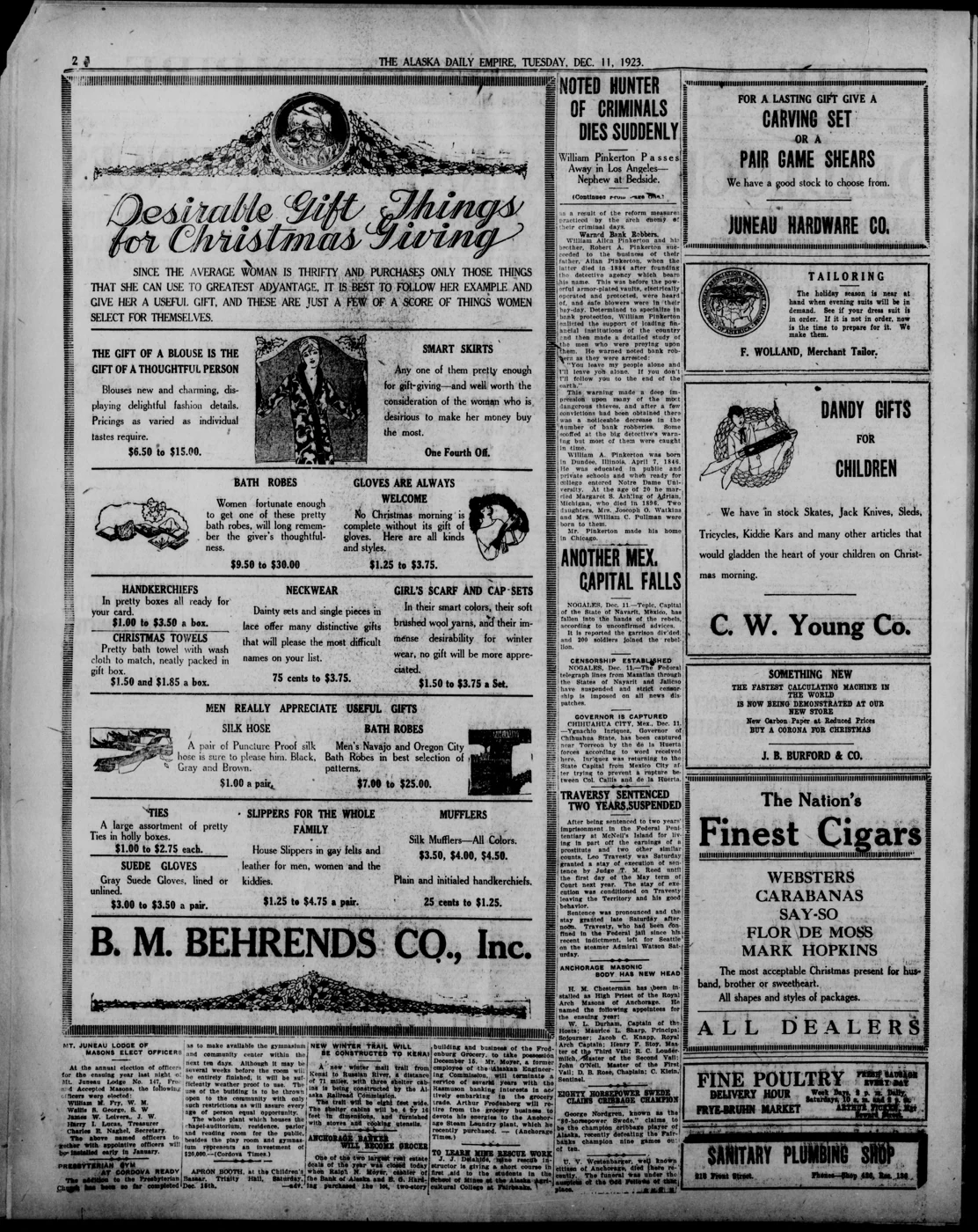 Scanned newspaper page from Image 2 of The Alaska daily empire (Juneau, Alaska), December 11, 1923, reporting on the death of William Allen Pinkerton, who was born in Dundee, Illinois in 1846 and co-led the Pinkerton Detective Agency with his brother Robert A. Pinkerton