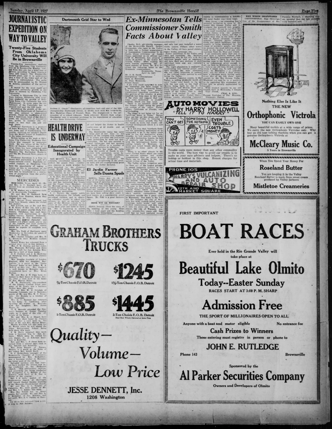 Scanned newspaper page from Image 13 of Brownsville herald (Brownsville, Tex.), April 17, 1927, (AUTOMOBILE SECTION), showing an article about Professor Gilbert I. Garretson and Oklahoma City University journalism students visiting Brownsville, 1927-04-17 (Library of Congress, Chronicling America)