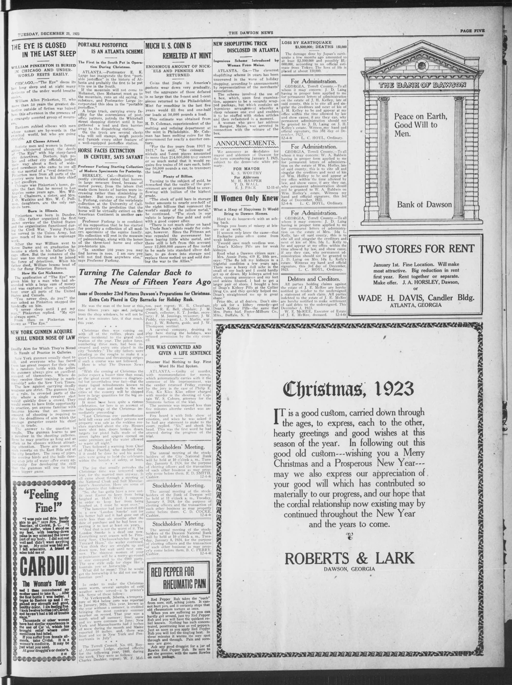 Scanned newspaper page from Image 5 of The Dawson news (Dawson, Ga.;Dawson, Georgia), December 25, 1923, 1923-12-25 (Library of Congress, Chronicling America)