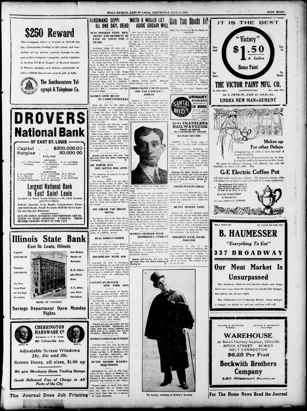 Scanned newspaper page from Image 7 of East St. Louis daily journal (East St. Louis, Ill.), July 23, 1913, 1913-07-23 (Library of Congress, Chronicling America)